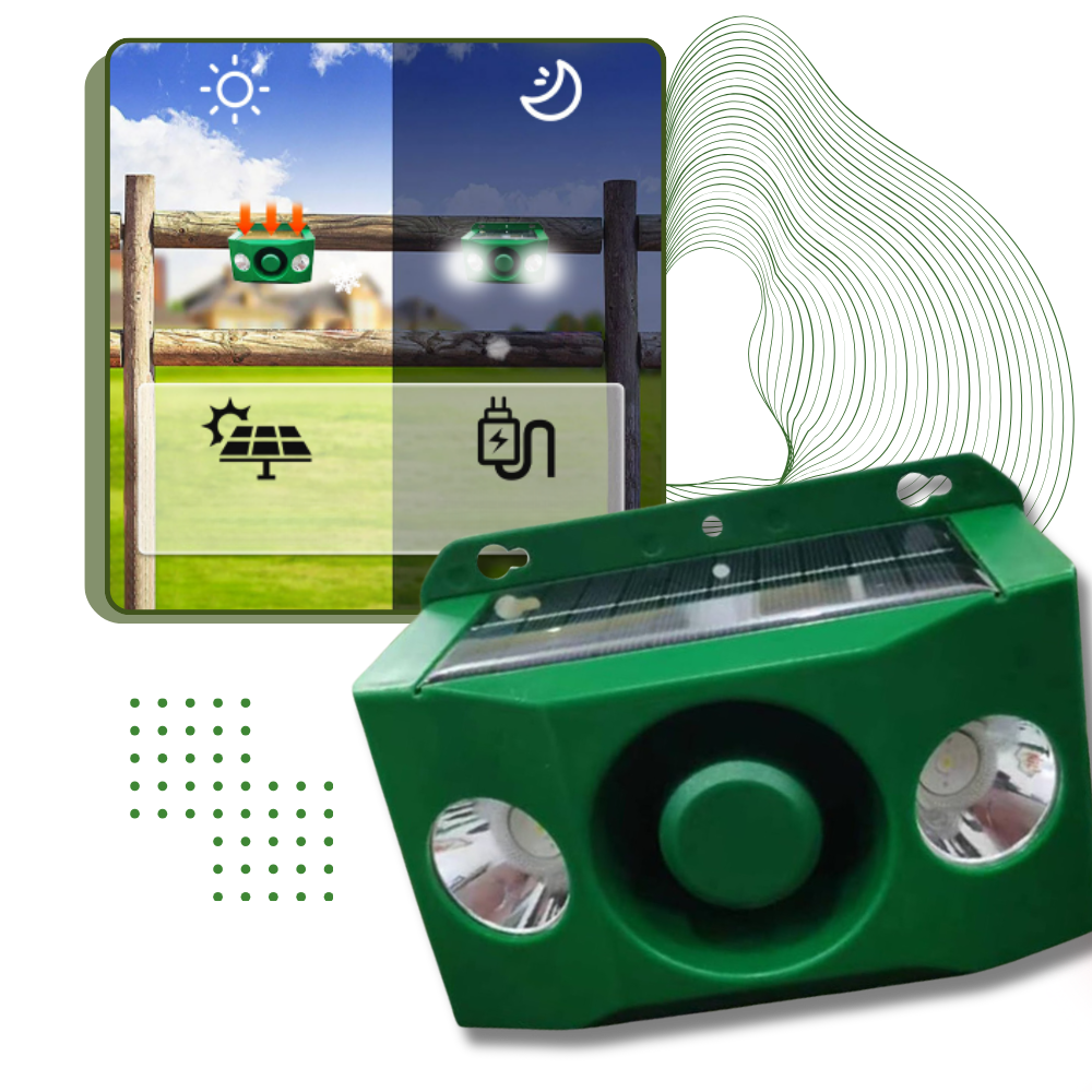 Luminária de segurança solar com repelente de animais ativado por movimento, marca Dicasser, iluminada ao detectar movimento animal.