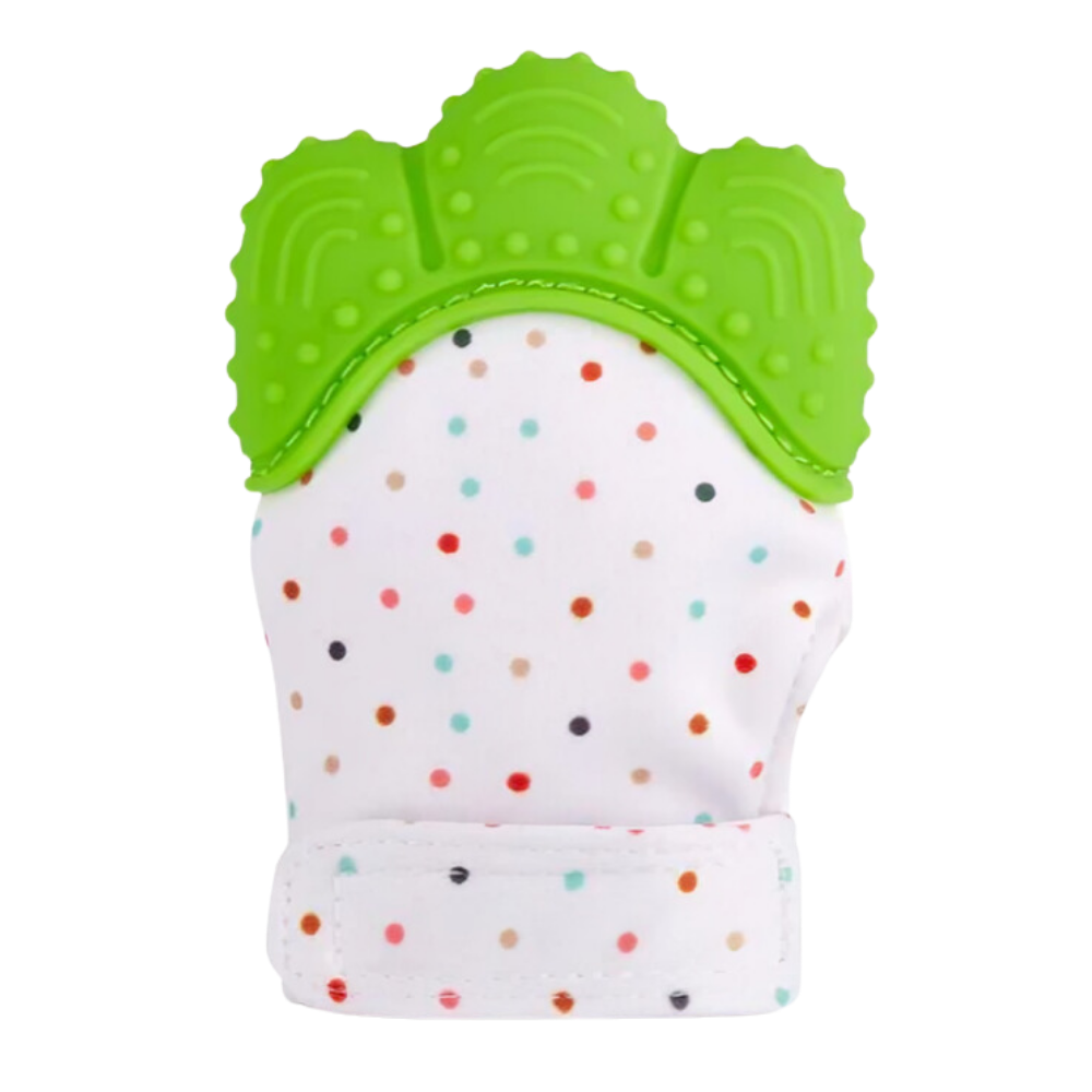 Luvas de dentição calmantes verdes da Yszodd, feitas para aliviar o desconforto dos dentes do bebê.