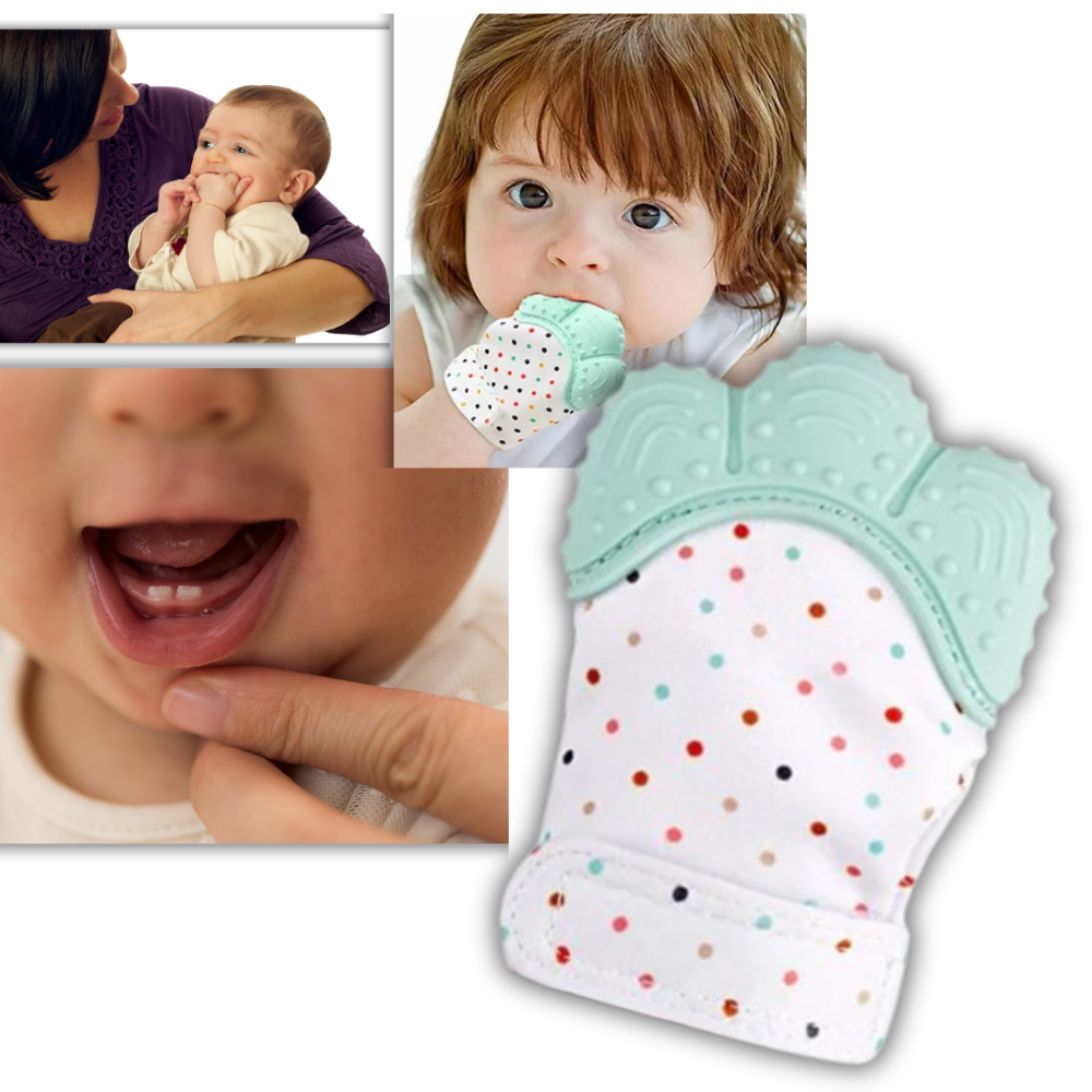 Luvas de dentição calmantes Yszodd, ideais para aliviar a dor de dente em bebês, com textura suave e seguro para mordidas.