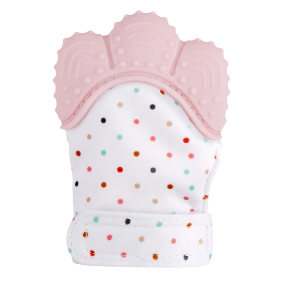 Luvas de dentição calmantes rosa da Yszodd, com textura suave e segura, para aliviar o desconforto na troca de dentes.