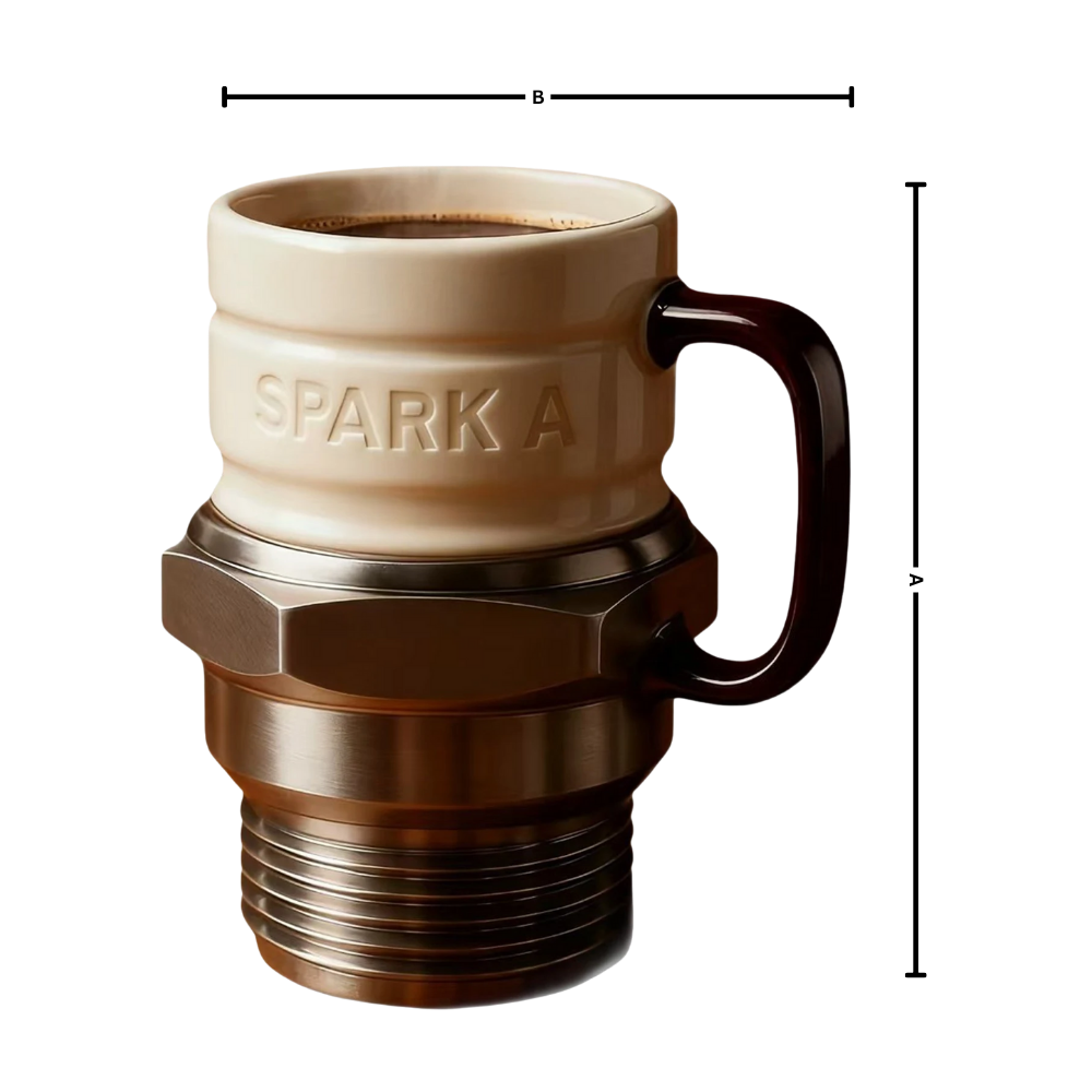 Xícara de fantasia em forma de vela de ignição, utensílio de arte para mesa, marca Homyl, detalhe da peça com dimensões.