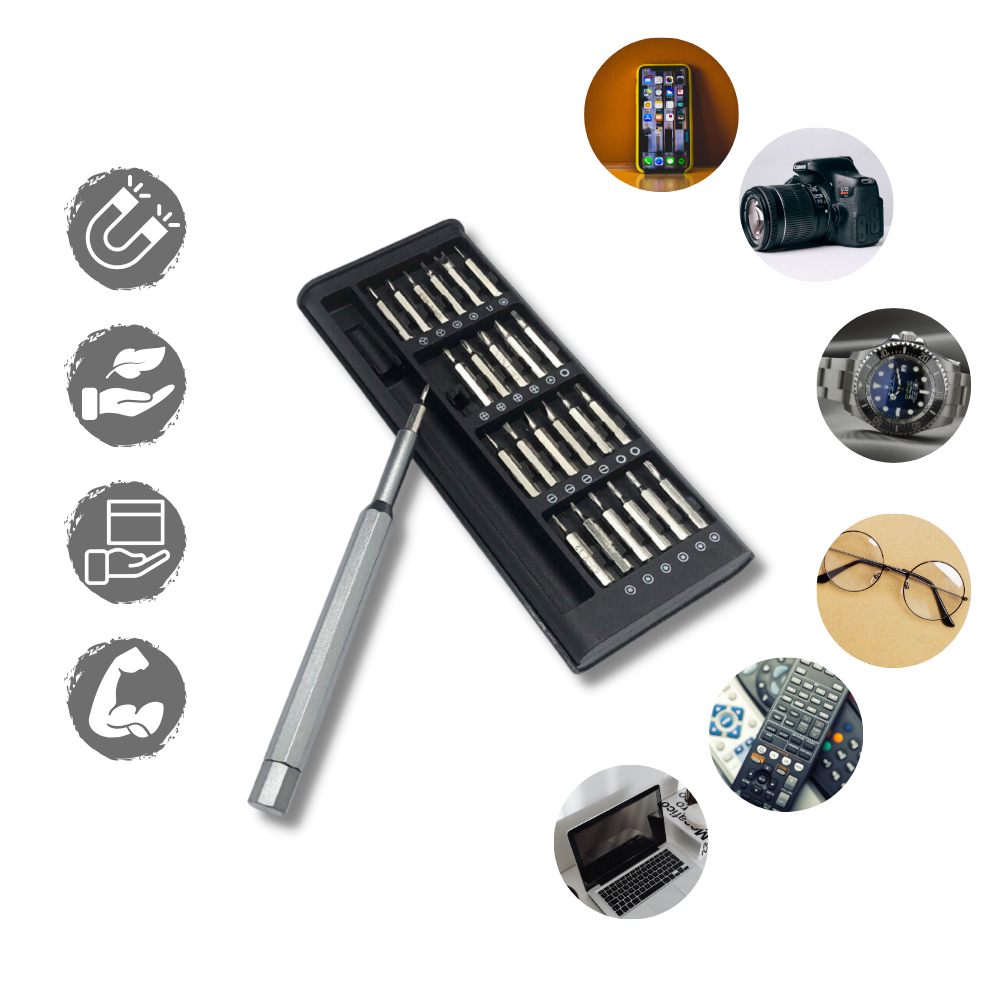 Conjunto de 24 tournevis de precisão Spbpqy, ideal para reparos delicados e eletrônicos com cabos e pontas variadas.