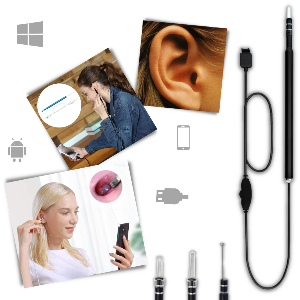 Câmera auricular 3 em 1 da Spencer para cuidado de ouvidos, mostrada em um fundo branco com detalhes pretos.