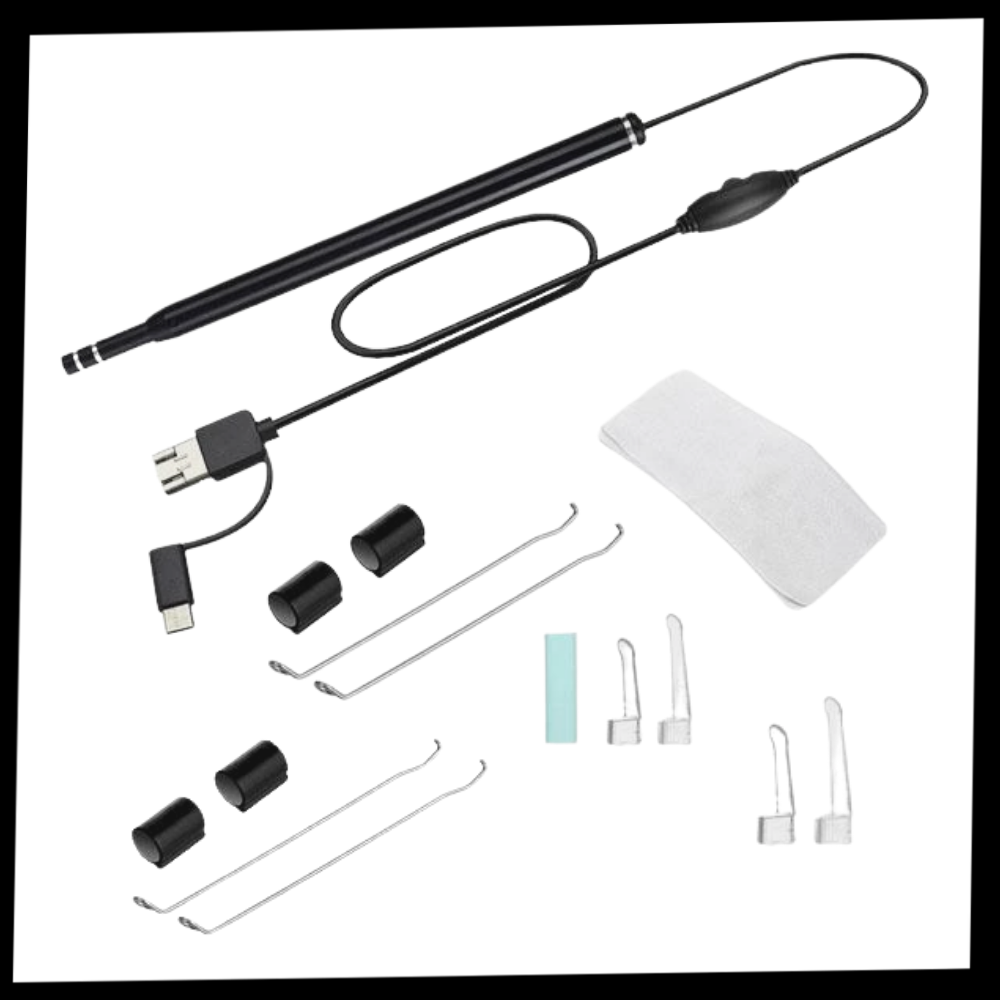 Câmera auricular 3 em 1 da Spencer para cuidado de ouvido, em cor preta, com detalhes visíveis na imagem.