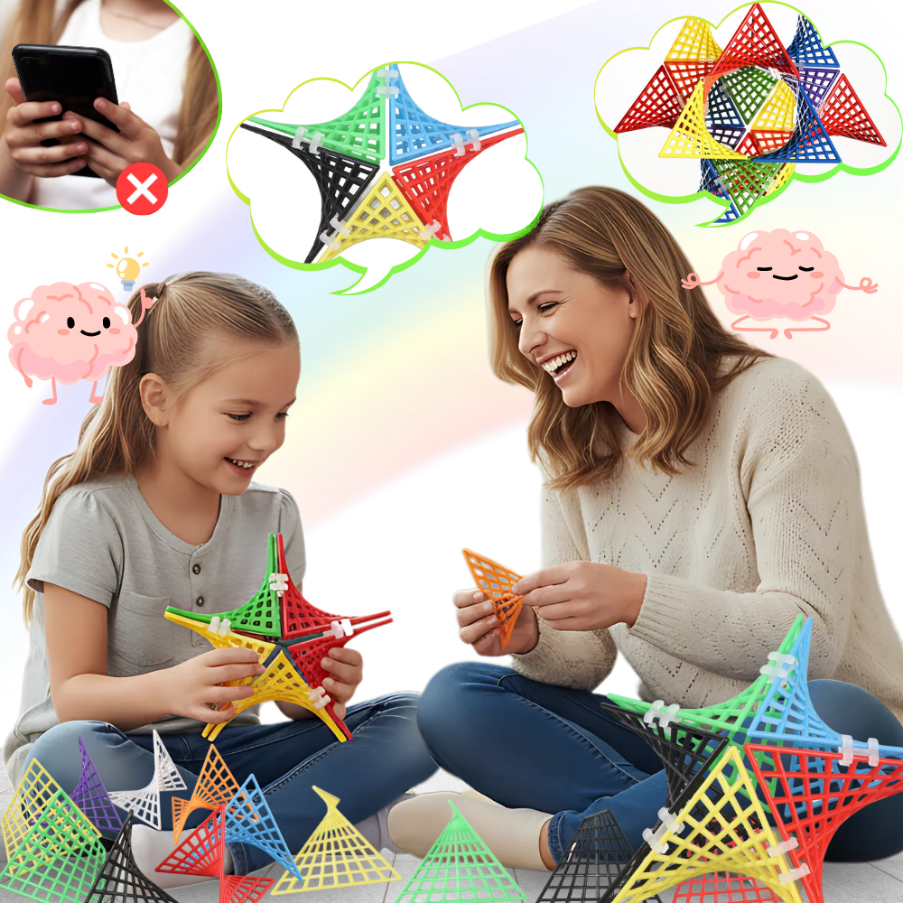 Peças de construção hiperólicas do jogo STEM Idoot, blocos coloridos e formas geométricas para montar e explorar conceitos matemáticos.