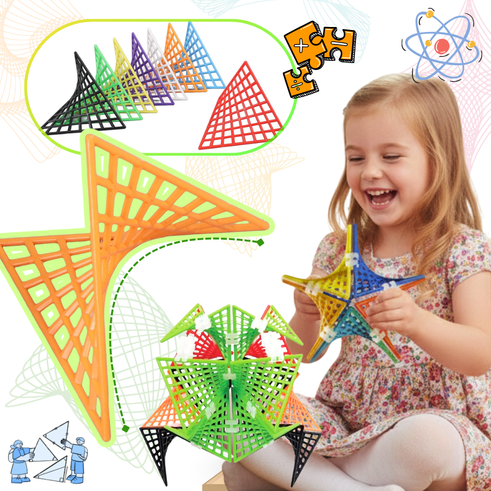 Peças de construção hiperbolicas do jogo STEM da Idoot, com tiles hiperbolicas coloridas para atividades educativas e criativas.