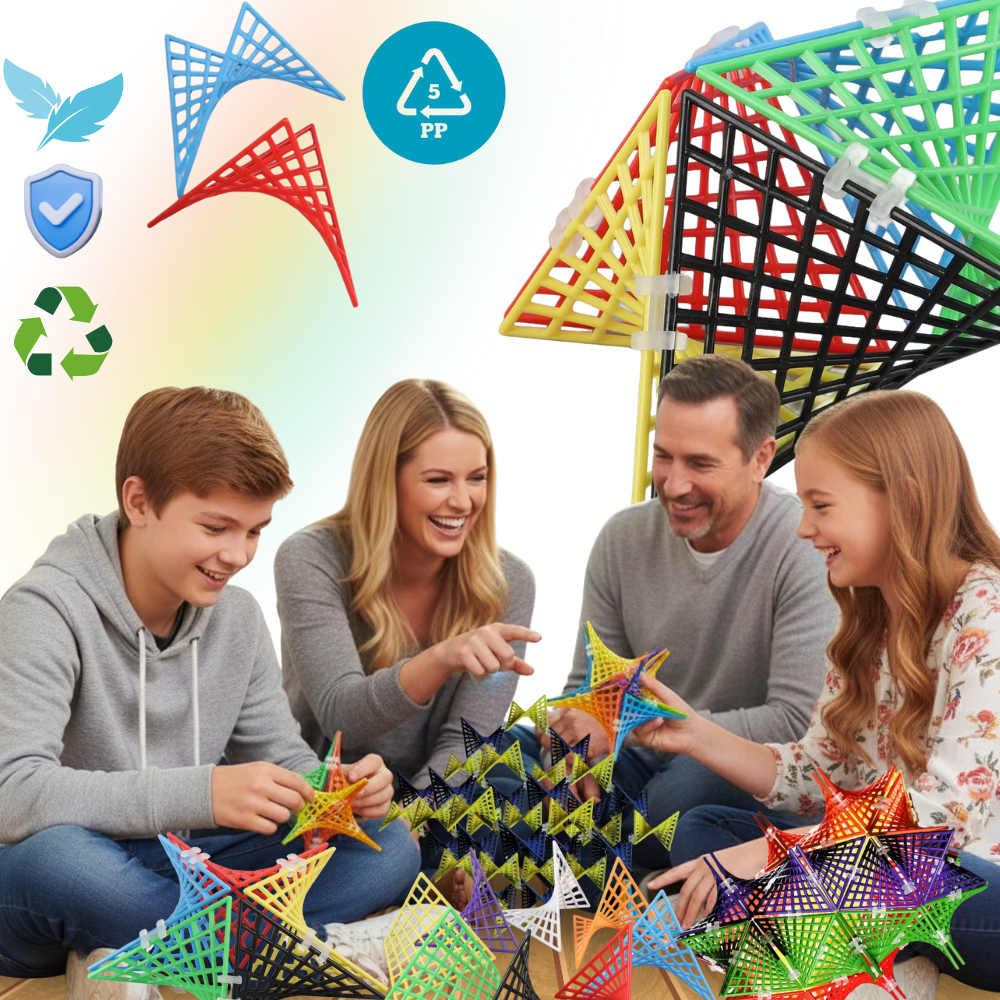 Peças de construção hiperbólicas do jogo STEM da Idoot, mostradas em um arranjo com detalhes coloridos e formas geométricas.