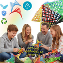 Peças de construção hiperbólicas do jogo STEM da Idoot, mostradas em um arranjo com detalhes coloridos e formas geométricas.