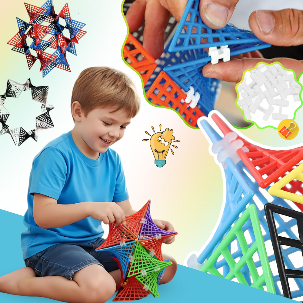 Peças de construção hiperbolicas do jogo STEM da Idoot, formas geométricas coloridas para montar estruturas educativas.