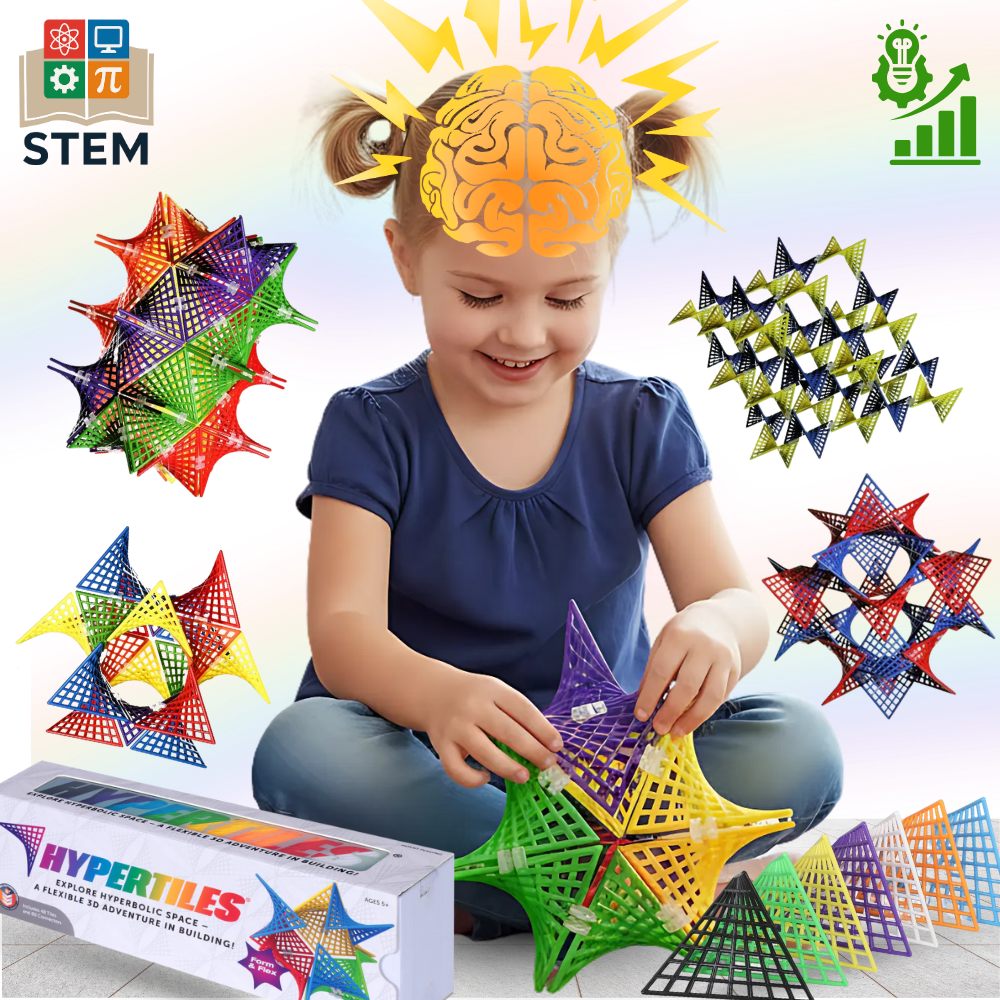 Peças de construção hiperbolicas STEM da Idoot, brinquedos de montagem com azulejos coloridos e formas geométricas variadas.