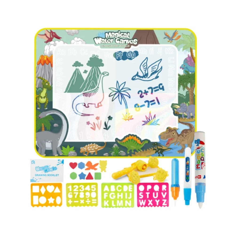 Tapete de desenhos com dinossauros da marca Vision, estimulante à água para brincadeiras criativas e educativas.