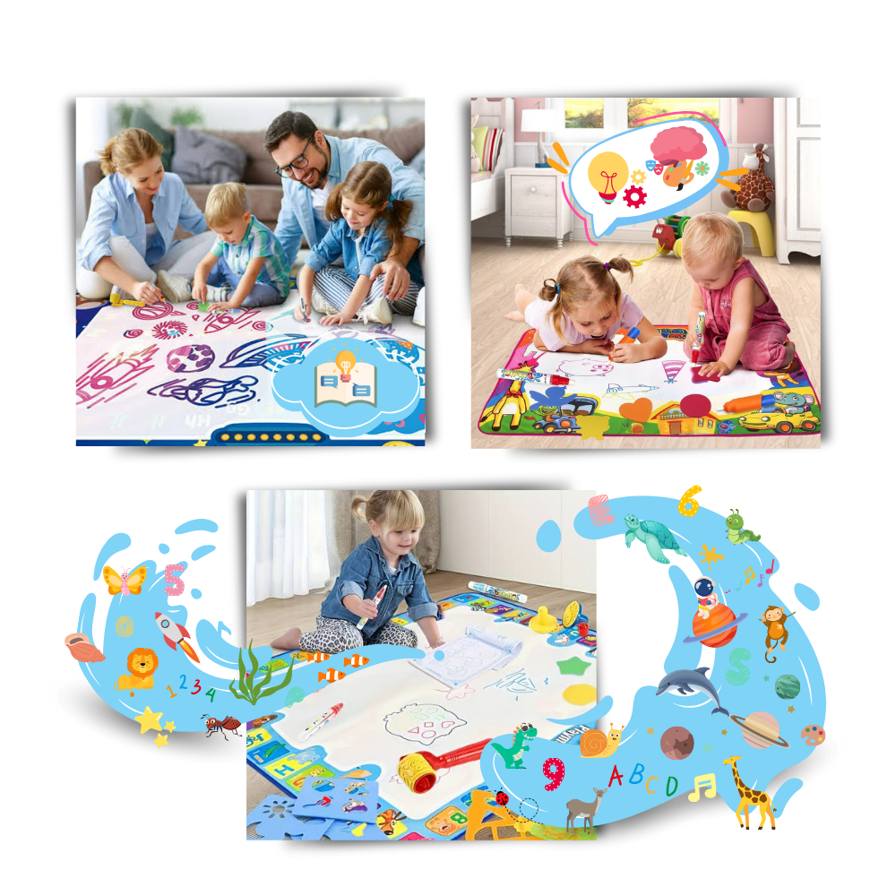 Tapete de desenho estimulante à água da marca Vision, superfície de brincadeira com tubos e cores para estimular a imaginação.