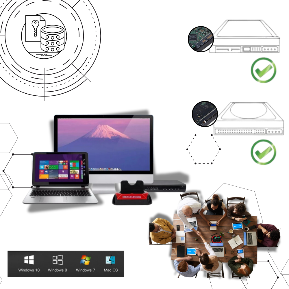 Estação de acoplamento universal Owsoo para componentes de computador, com portas e conexão para gerenciamento de dados.