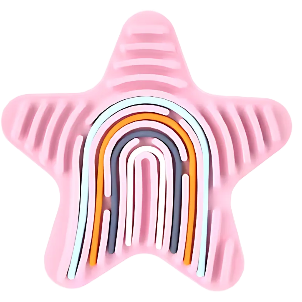 Painel de atividades sensoriais antiestresse da Carolilly, brinquedo educativo com estrelas rosa para estimulação sensorial.