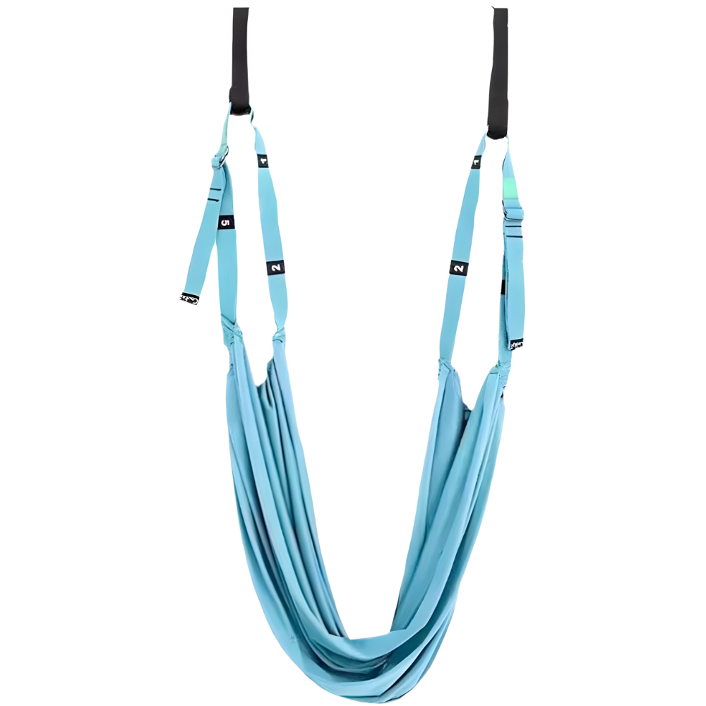 Hamac de yoga aéreo azul durável e ajustável para Pilates e yoga, com suporte resistente e configuração confortável.