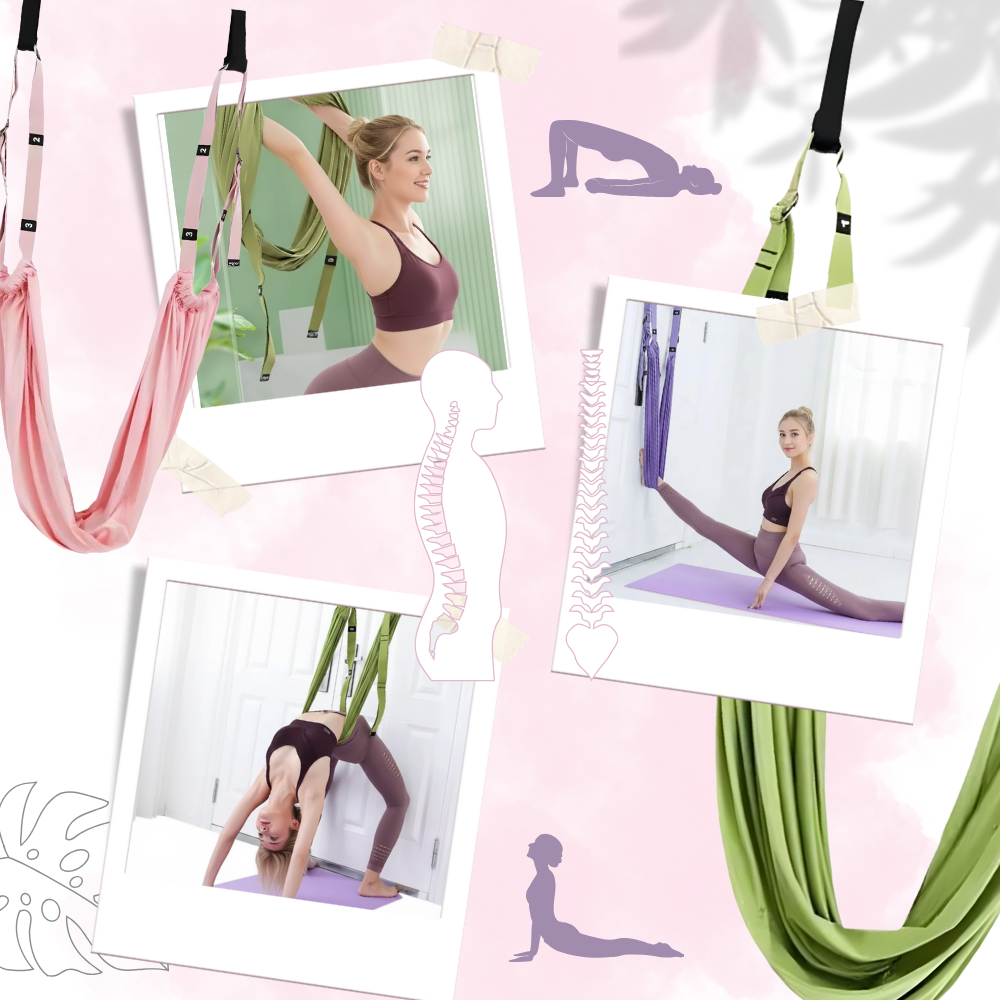 Hamac de yoga aéreo ajustável e resistente para pilates e yoga, suspenso com suporte sólido e confortável.