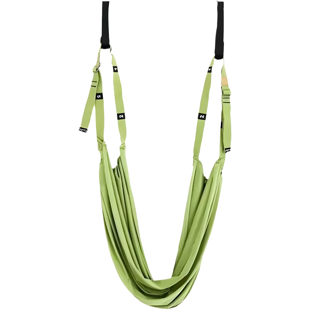 Hamac de yoga aéreo sólido e ajustável em verde para práticas de Pilates e yoga, suspenso e confortável.