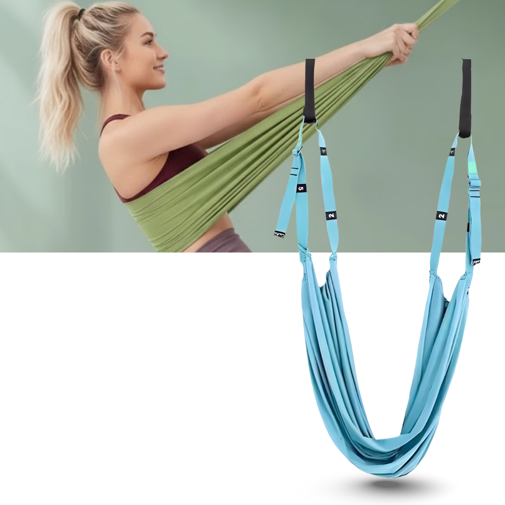 Hamac de yoga aéreo ajustável e resistente para práticas de Pilates e yoga, com estrutura sólida e confortável.