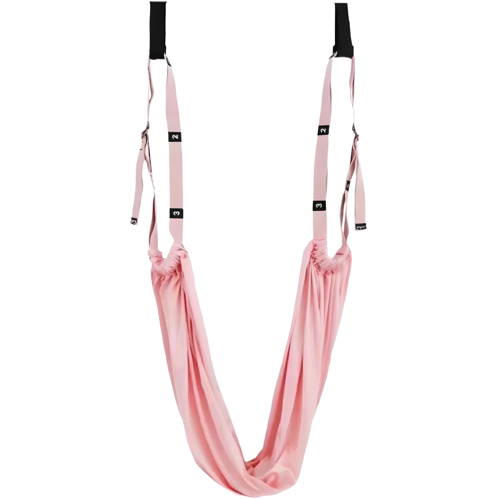 Hamac de yoga aéreo sólido e ajustável na cor rosa, ideal para Pilates e práticas de yoga, com suporte resistente e confortável.