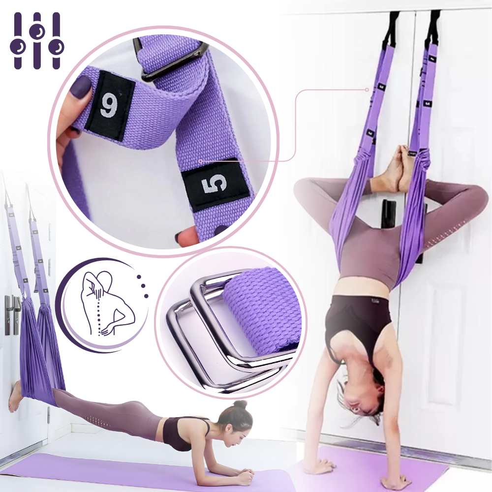 Rede de ioga aérea ajustável e resistente para prática de Pilates e yoga, ideal para exercícios de sustentação e alongamento.