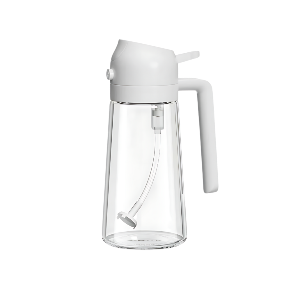 Pulvérizador de óleo estilizado da Kitchen Gadgets, recipiente branco para controle de óleo na cozinha.