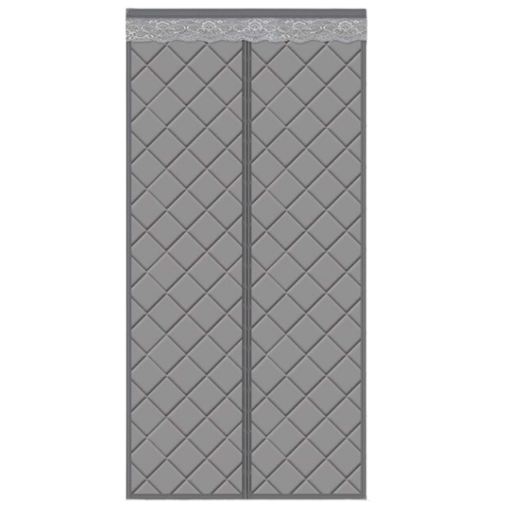 Cortina de porta elegante e térmica da Ozerty França, acabamento cinza, ideal para isolamento de ambientes.