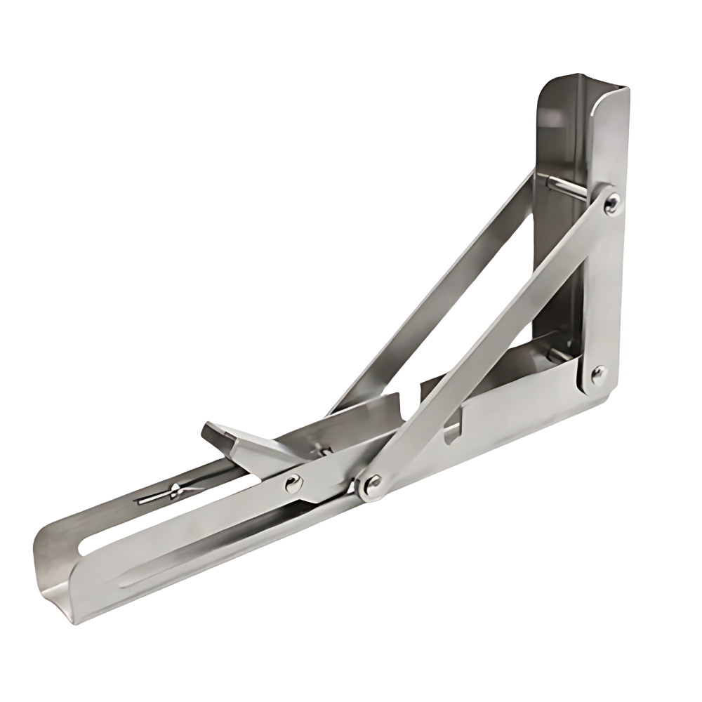 Suporte para mesa dobrável de parede, fixação em aço inox, ideal para escritórios e ambientes de trabalho.