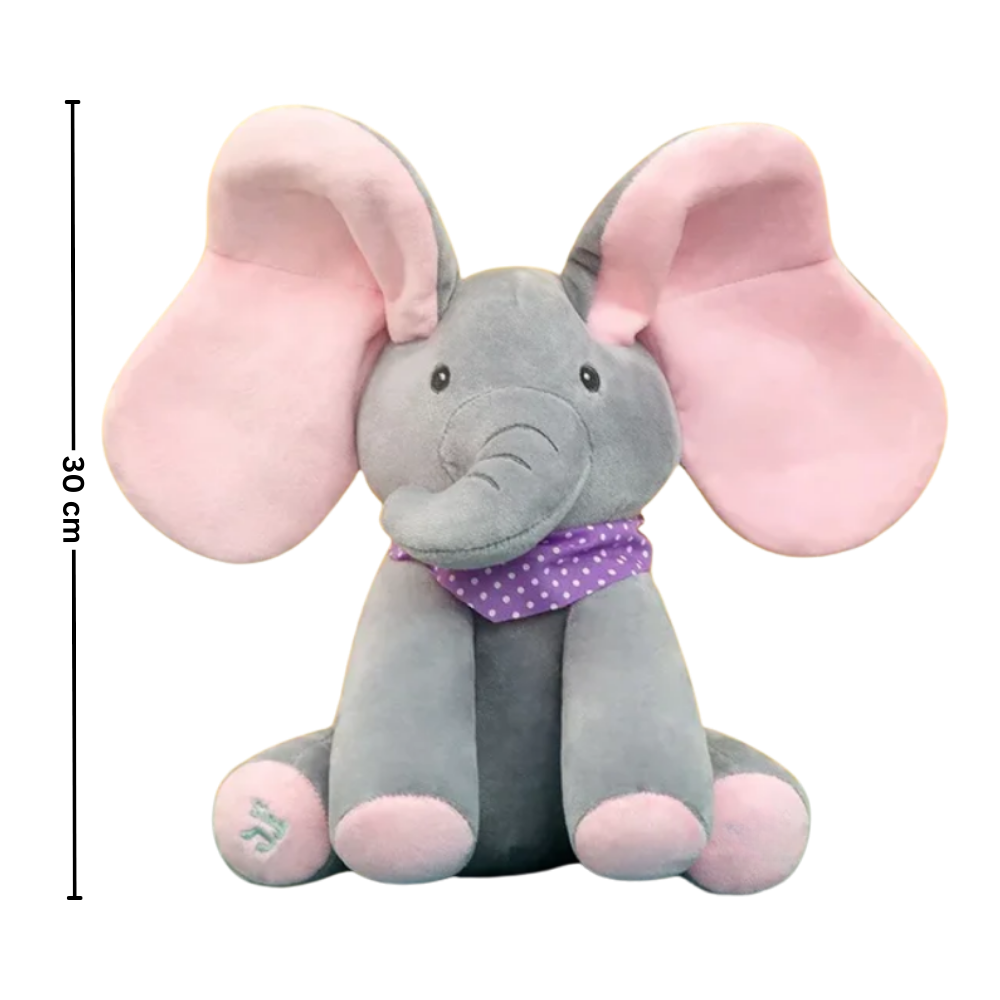 Peluche de elefante Sun & Roots com orelhas azuis, brinquedo cache-cache interativo para crianças.