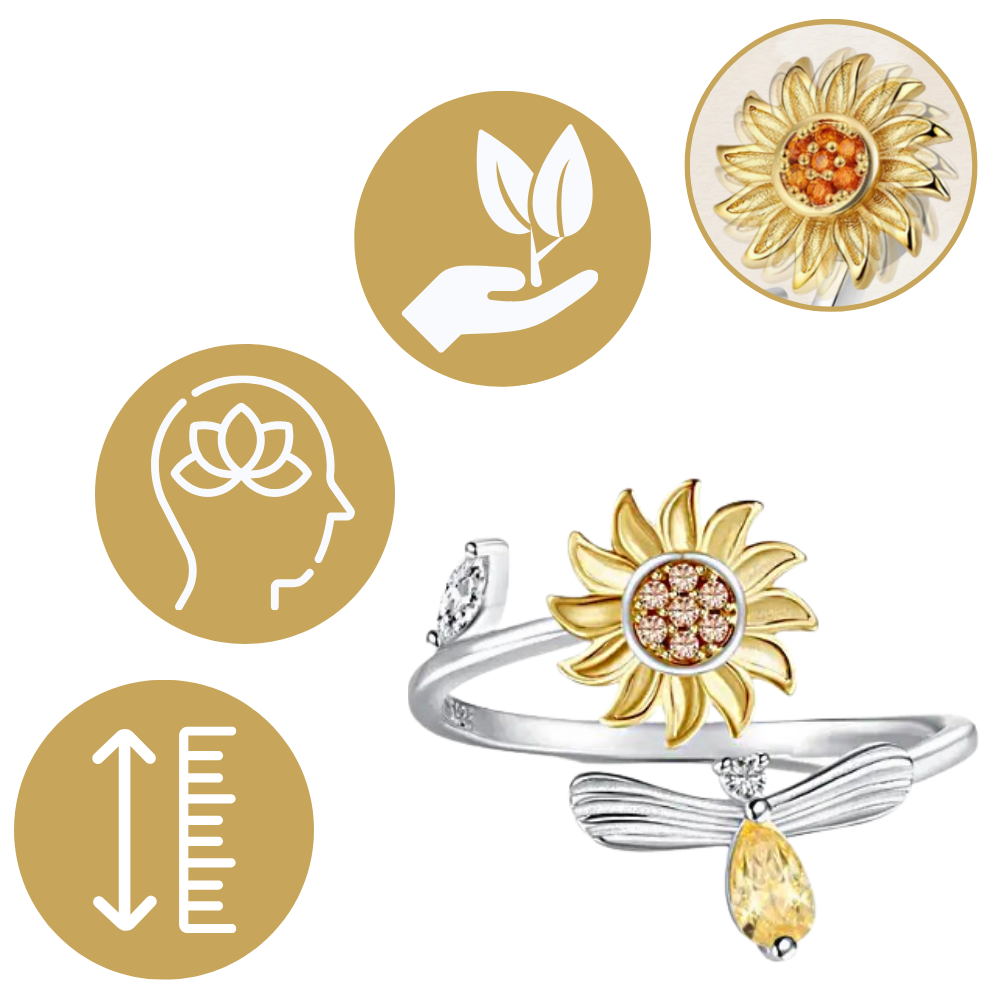 Anel giratório de girassol Helevia, com design de flor de girassol e mecanismo rotativo, em close na imagem.