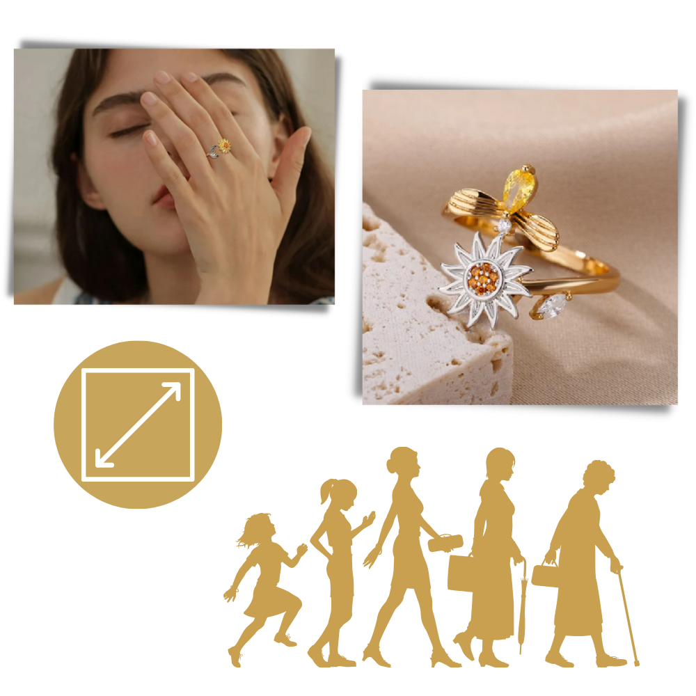 Anel de dedo com girador de girassol Helevia, acabamento dourado e design com flor de girassol em movimento.