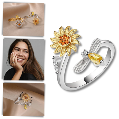 Anel giratório de girassol da marca Helevia, com design de flor de girassol e acabamento detalhado em metal.