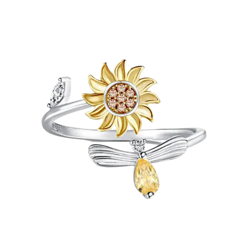 Anel giratório de girassol da Helevia, em prata, com design de flor de girassol e acabamento brilhante.