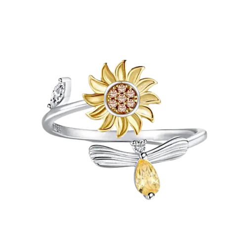 Anel giratório de girassol da Helevia, em prata, com design de flor de girassol e acabamento brilhante.