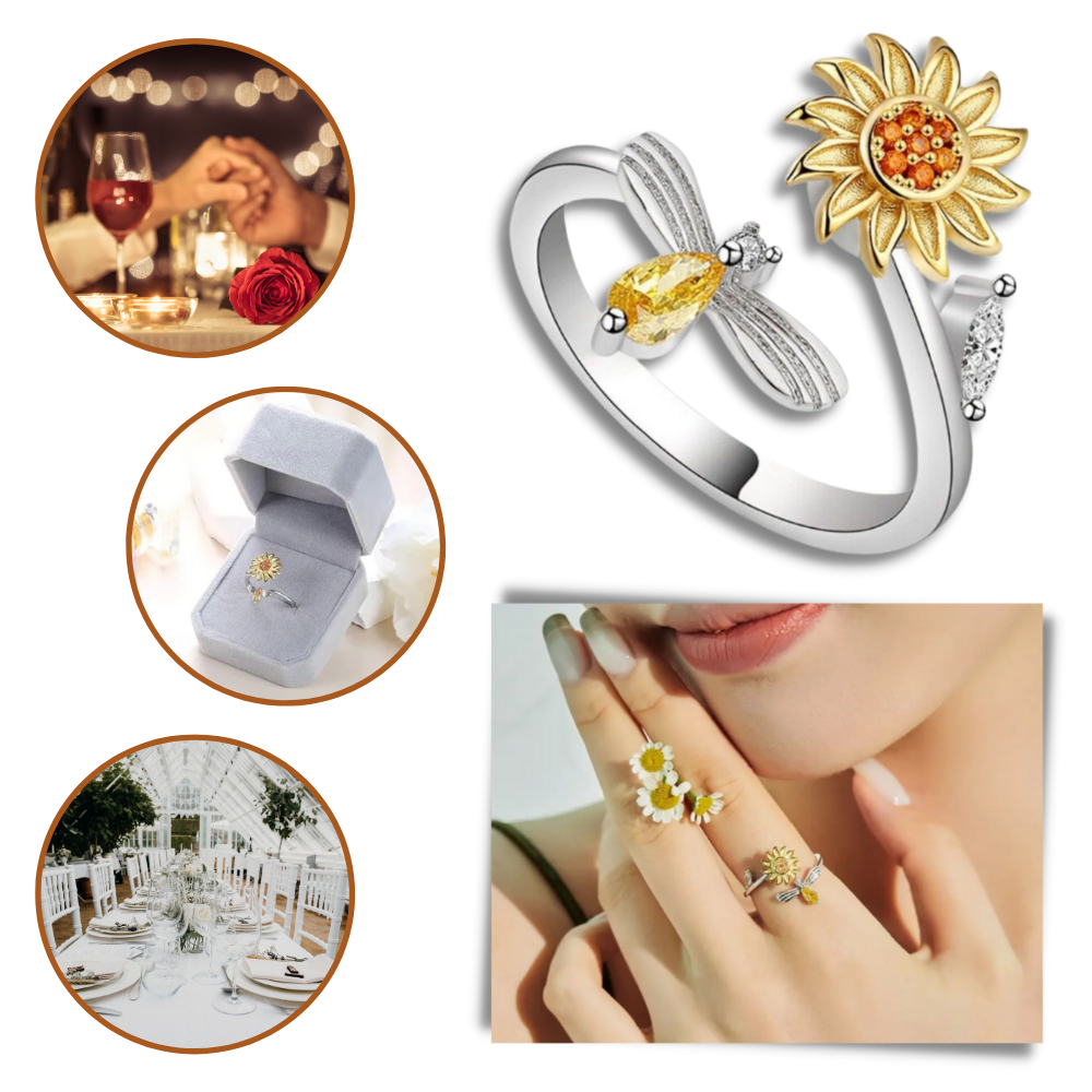 Anel de ouro com girador de girassol Helevia, design versátil com flor de girassol em destaque na imagem.