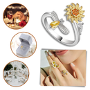 Anel de ouro com girador de girassol Helevia, design versátil com flor de girassol em destaque na imagem.