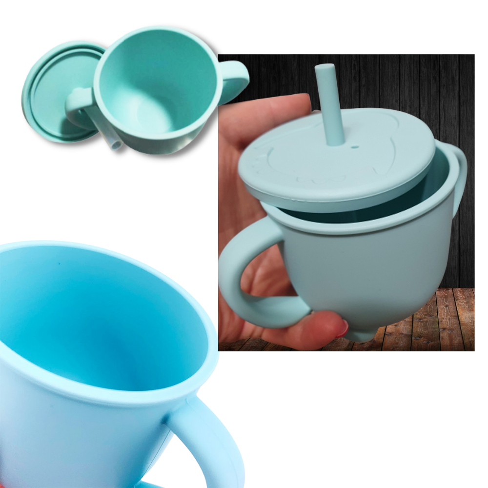 Tasse à bec de silicone para bebês Sunri, ideal para alimentação e aleitamento, em cor rosa com alça ergonômica.