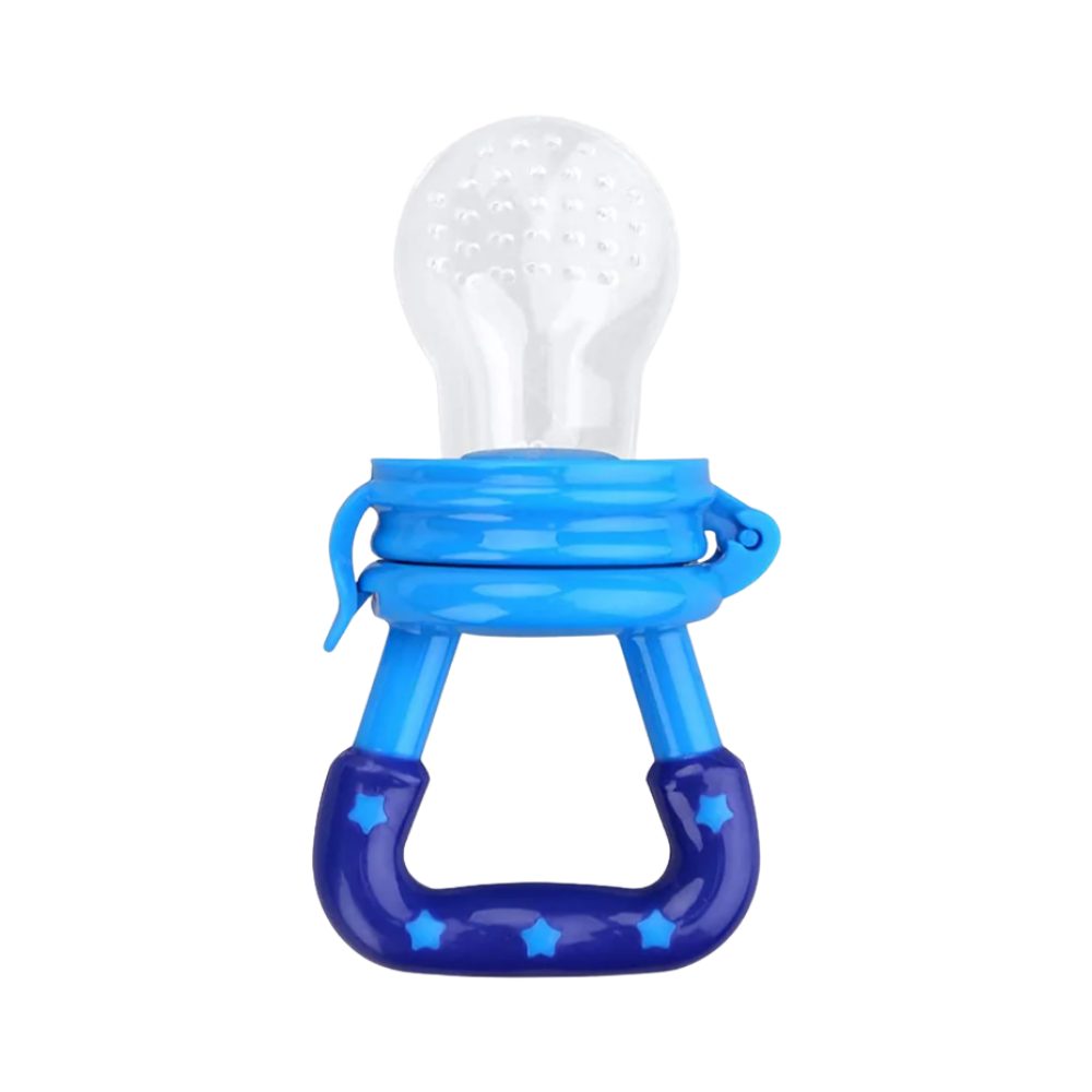 Chupeta alimentar Supertots da Gyuunyuu, em azul, com design de sucette e anel de dentição para bebês.