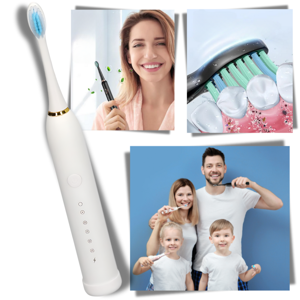 Escova de dentes elétrica vibratória sonica Suteng preta para cuidados bucais com cerdas macias e design ergonômico.