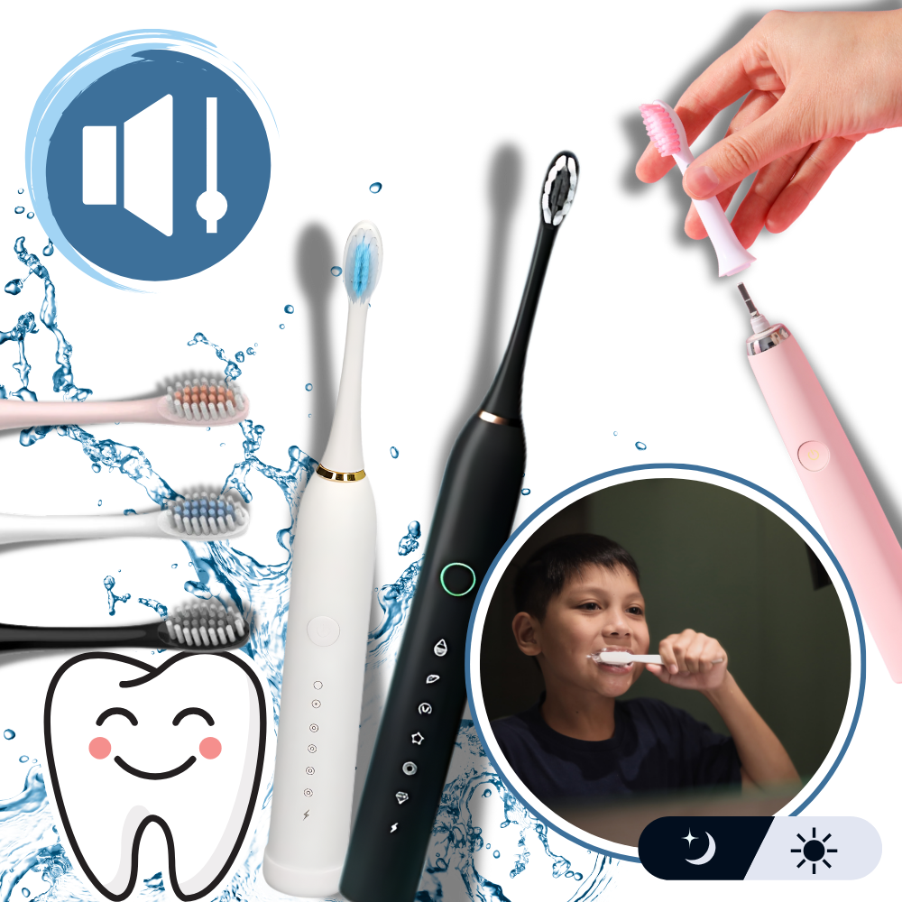 Escova de dentes elétrica vibratória sonora Suteng preta para cuidados bucais, com cerdas macias e design ergonômico.