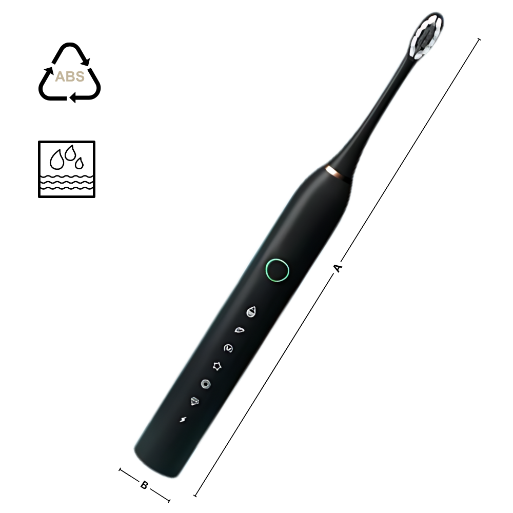 Escova de dentes elétrica vibratória sonora Suteng preta para cuidados bucais, com cerdas brancas e design ergonômico.