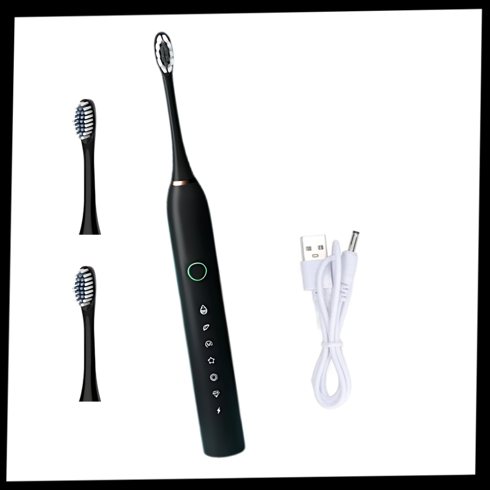 Escova de dentes elétrica vibratória sonora Suteng preta, para cuidados bucais eficazes e limpeza oral avançada.
