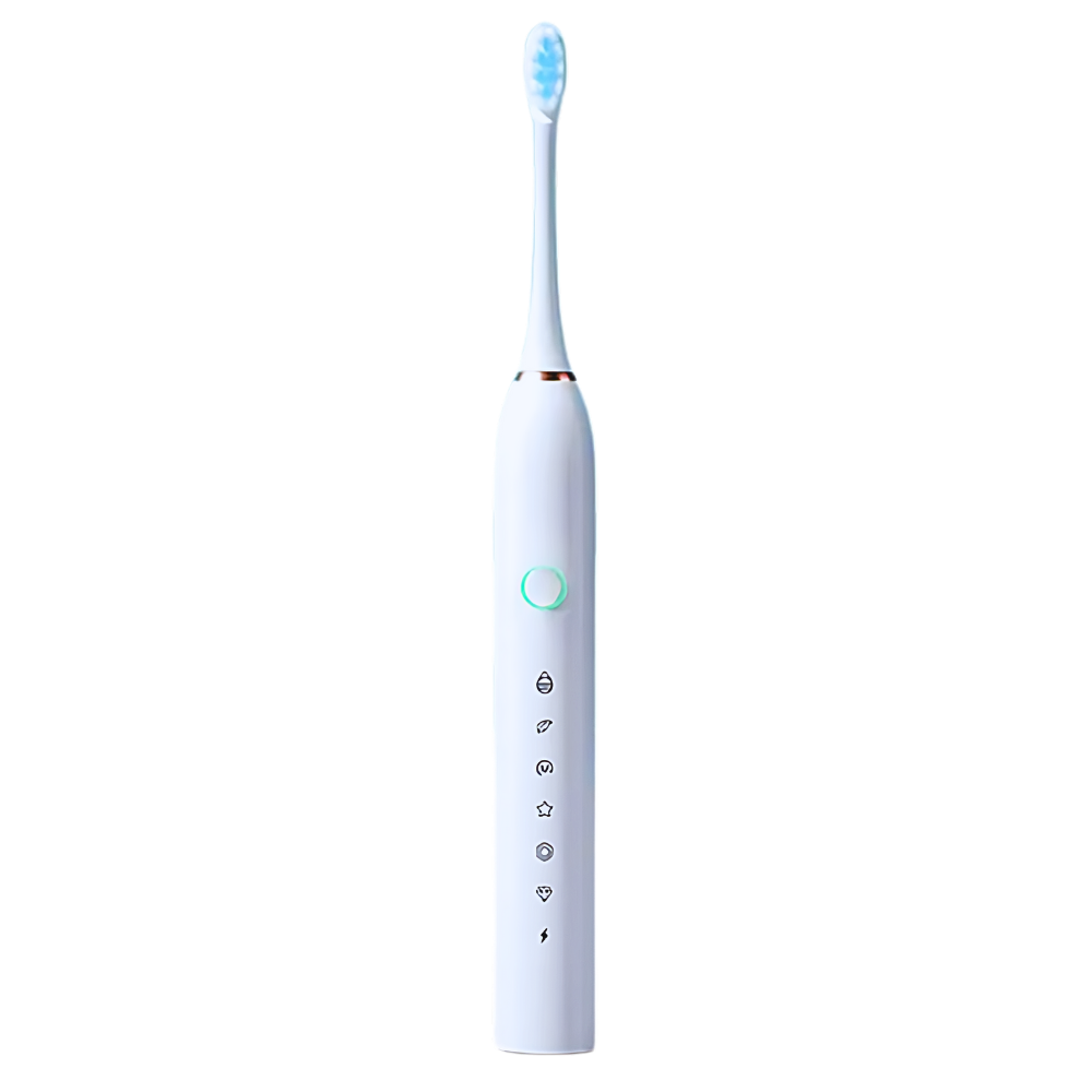 Escova de dentes elétrica vibratória sônica Suteng preta para cuidados bucais, com cerdas macias e design ergonômico.