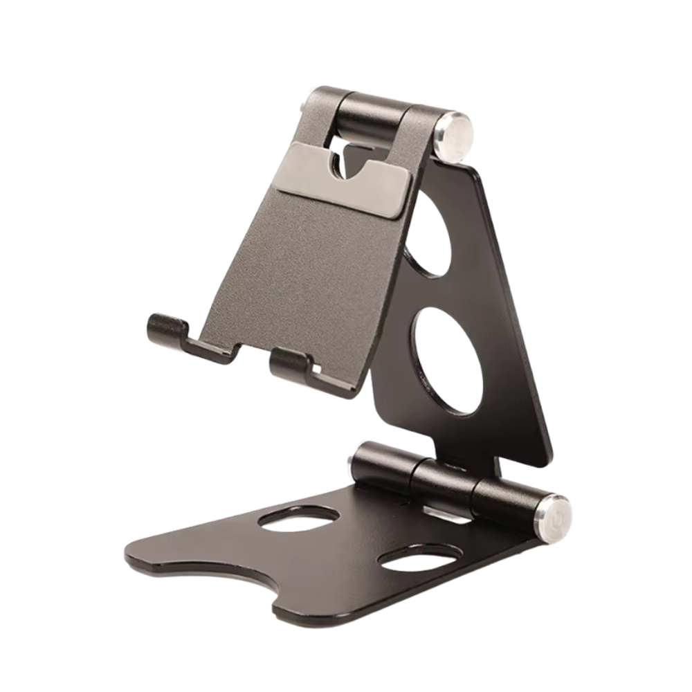 Suporte de telefone giratório e dobrável da Scnor, suporte de telefonia preto com design compacto e ajustável.