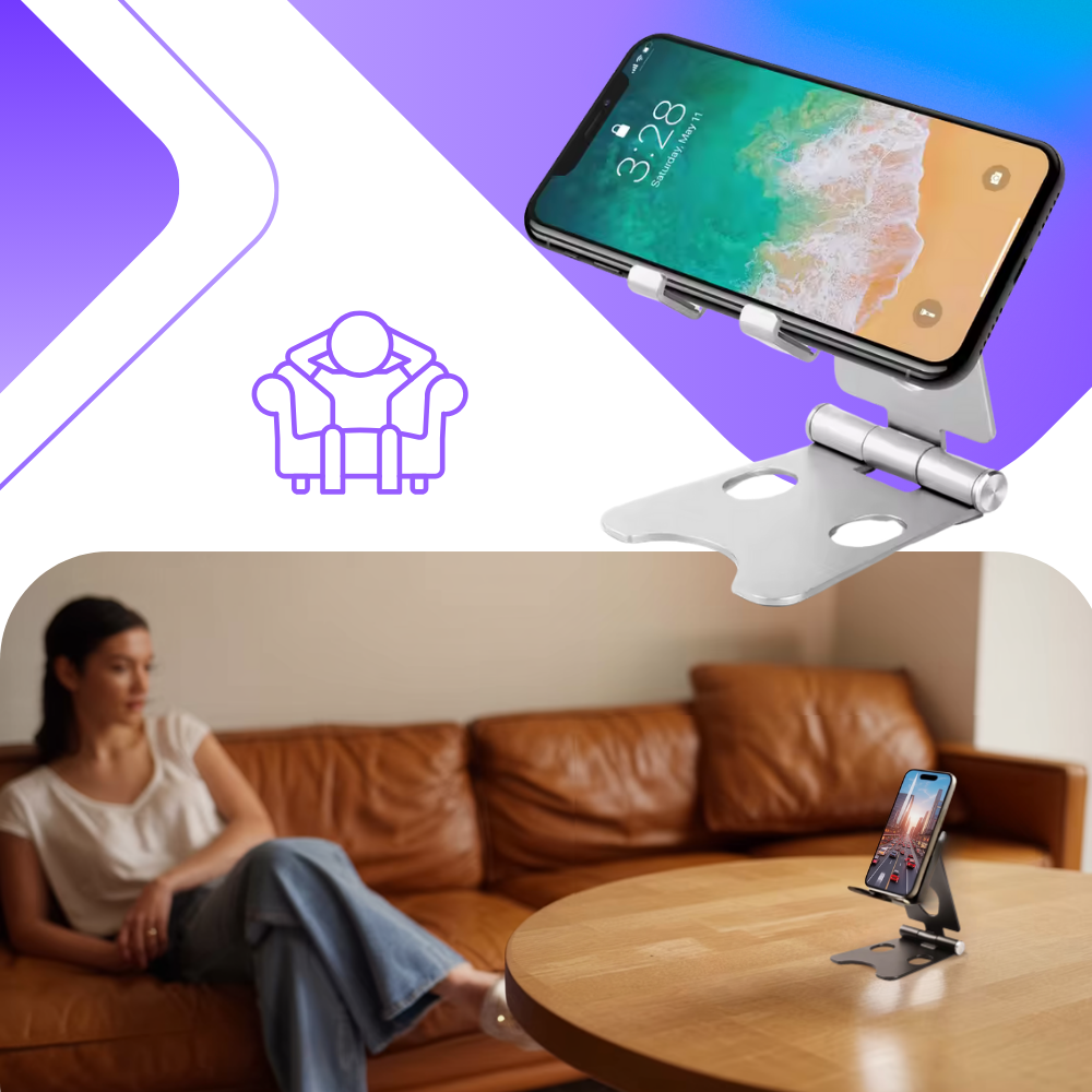 Suporte de telefone ajustável e dobrável da Scnor, com suporte giratório para facilitar o uso em telefones celulares.