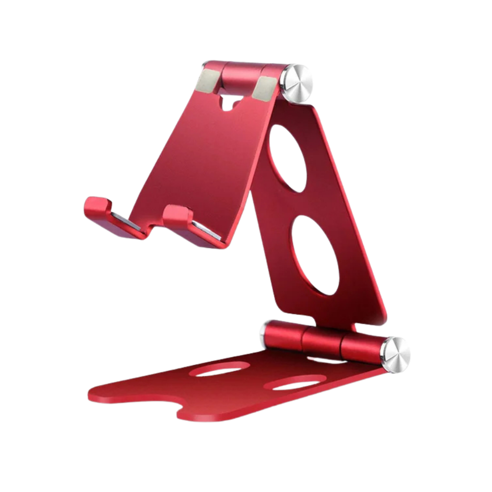 Suporte de telefone giratório e dobrável da Scnor, suporte de telefonia em destaque na imagem vermelha.