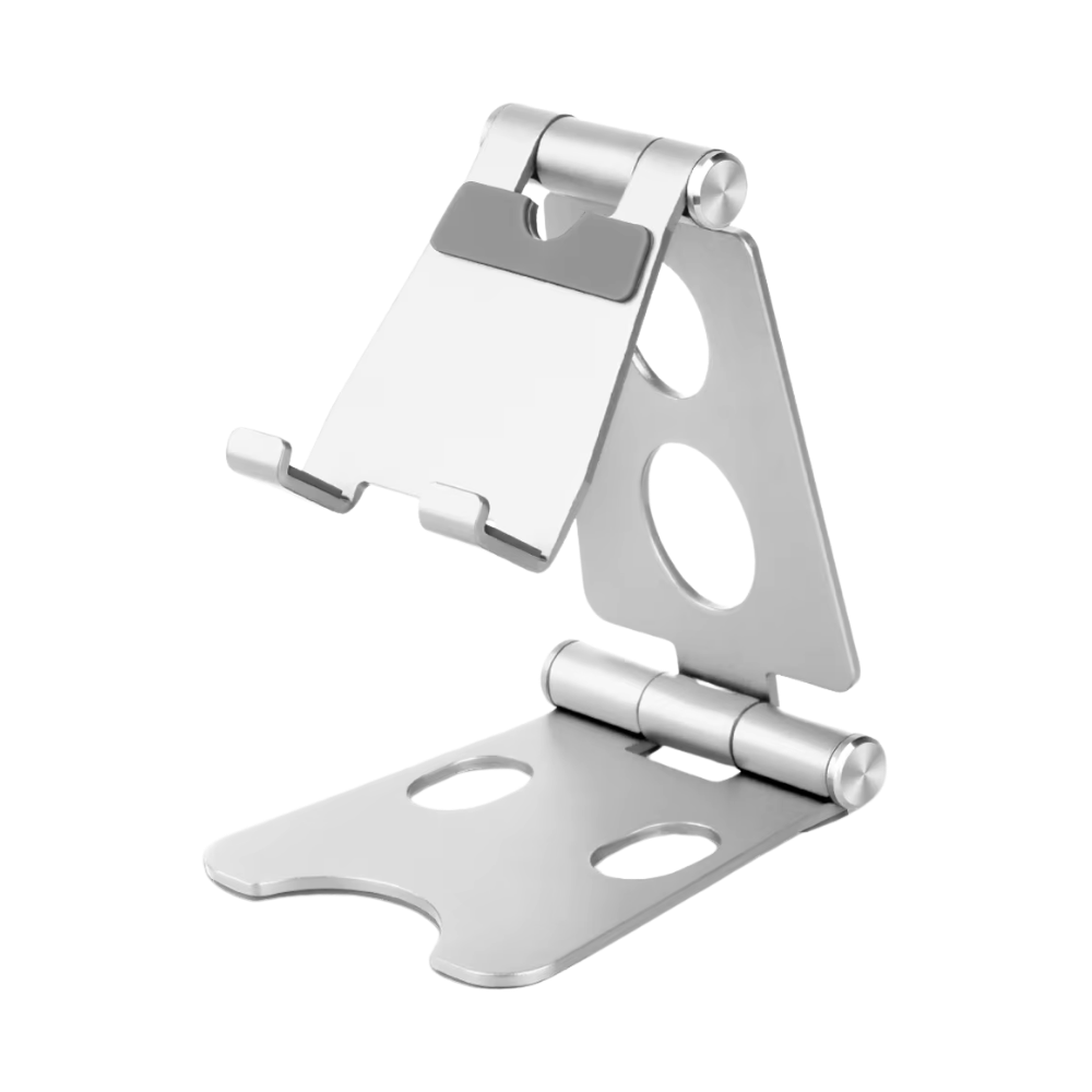 Suporte de telefone giratório e dobrável da Scnor em acabamento prateado, ideal para suporte móvel ajustável.