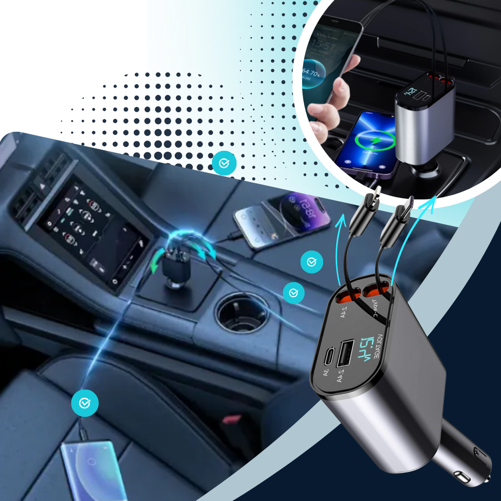 Estação de carga telescópica T-power para veículos elétricos, eletrônica para carros, com design compacto e conectores USB.