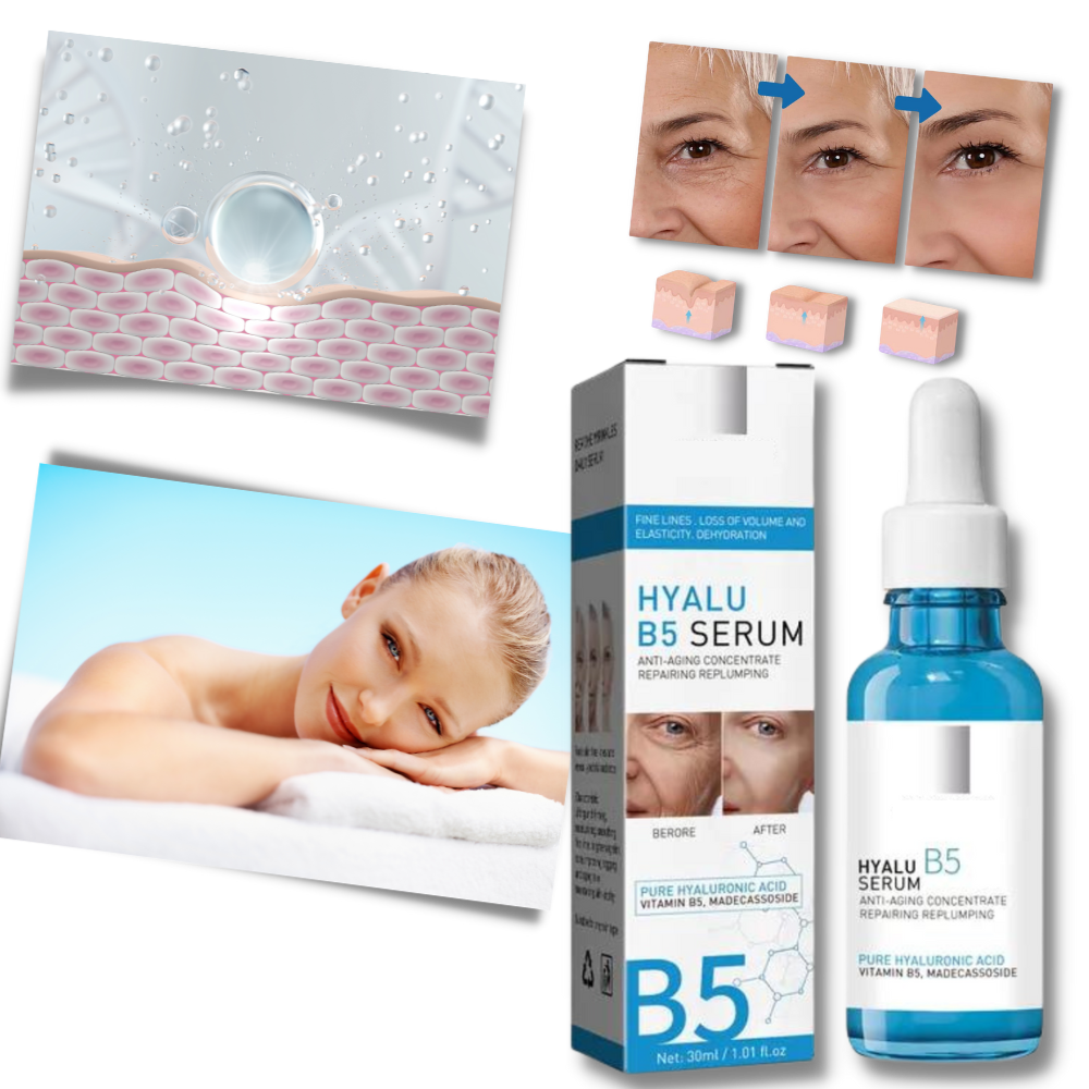 Sérum rajeunissant à l'acide hyaluronique Hyalu B5 da marca Tabbyc, frasco com sérum para revitalizar a pele.