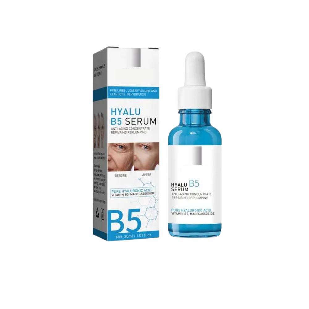 Sérum rajeunissant à l'acide hyaluronique Hyalu B5 da marca Tabbyc, frasco com sérum transparente e conta-gotas.