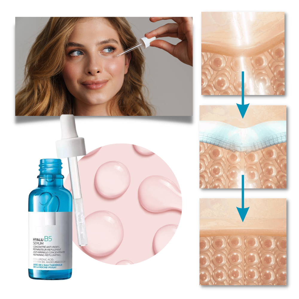 Sérum rajeunissant à l'acide hyaluronique Hyalu B5 de Tabbyc, frasco de cosméticos com fórmula revitalizante para a pele.